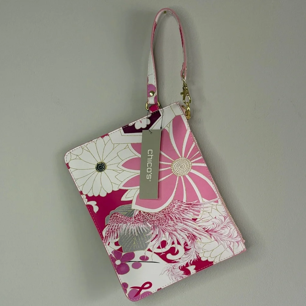 Chico’s NWT Pink Floral Wristlet Clutch Gold Hardware
